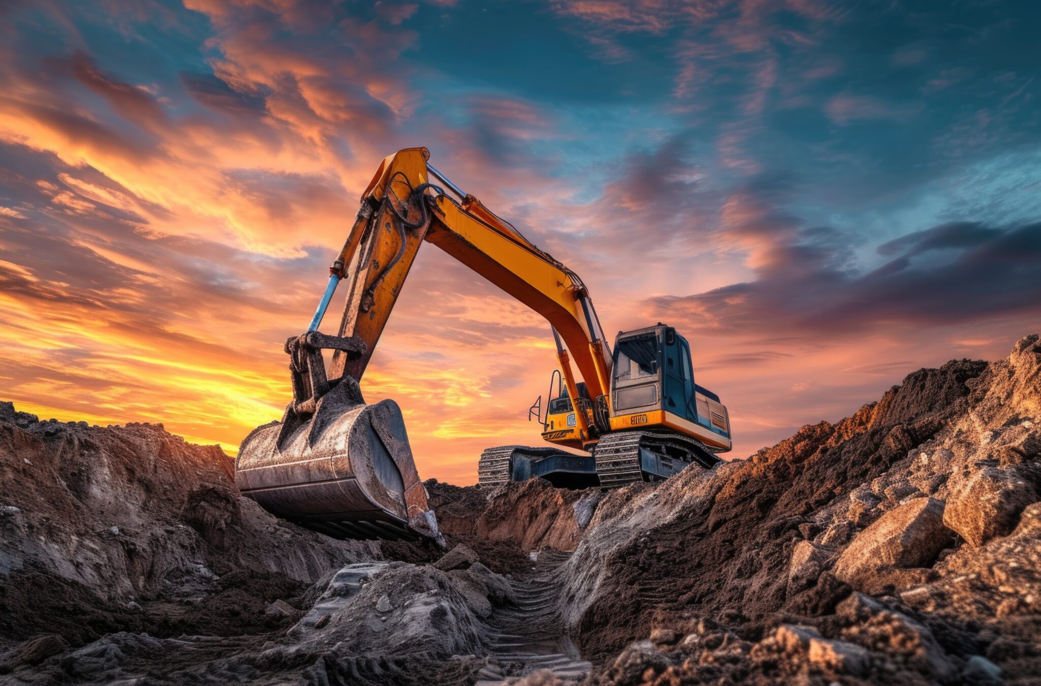 an excavator digging a hole onsite, in the style of color gradients, light indigo and dark amber, richly colored skies, meticulous attention to detail, iso 200, suspended/hanging, digitally enhanced --ar 38:25 --v 6 Job ID: 1e2efcb6-cf7e-4d49-8602-0e0fbd638112